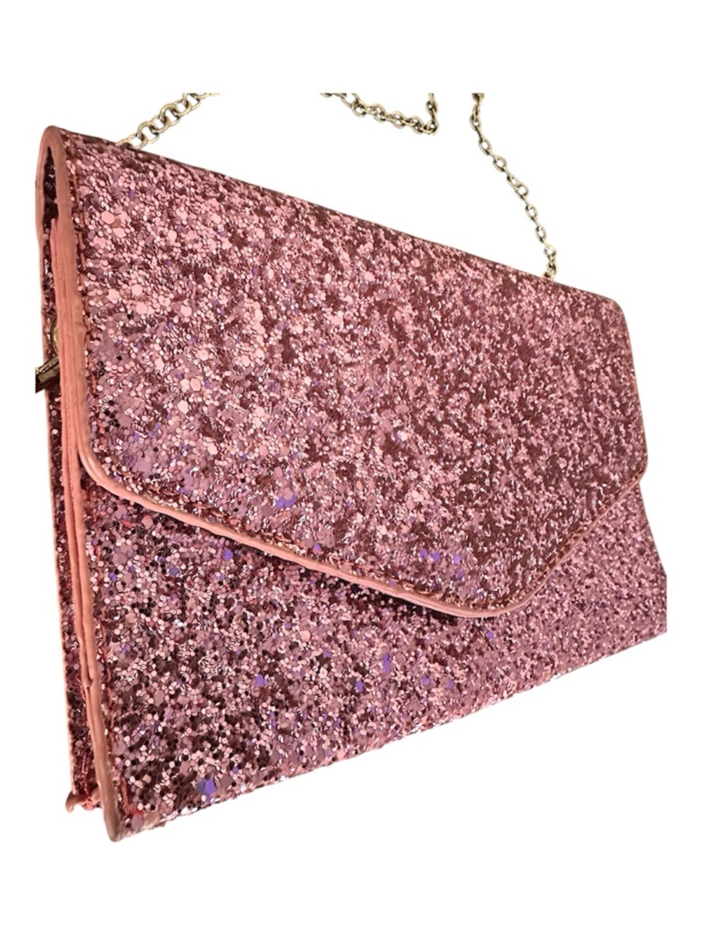 Pink Glitter Envelope Clutch with Gold Plated Chain